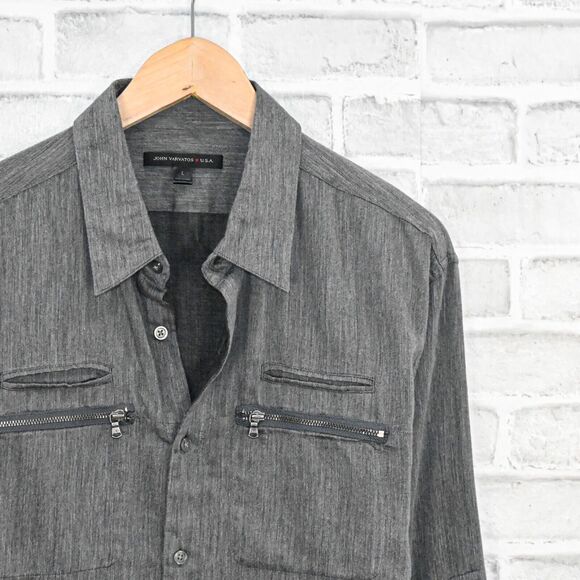 John Varvatos Men's Button up Shirt zip pockets in grey size large - Picture 3 of 7